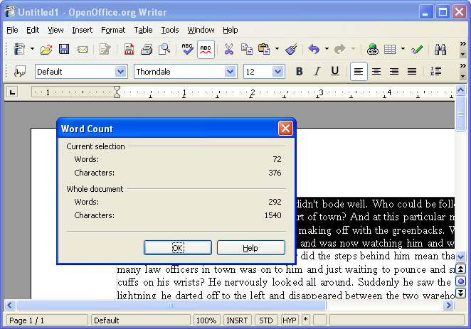 open office writer display word count
